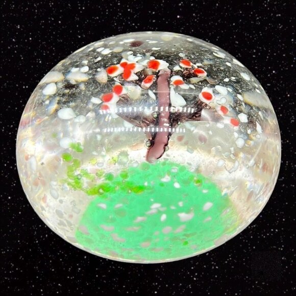 Vintage Art Glass Paperweight Cherry Tree w White Dots Round Sphere Glass 2.5”W - Picture 2 of 12